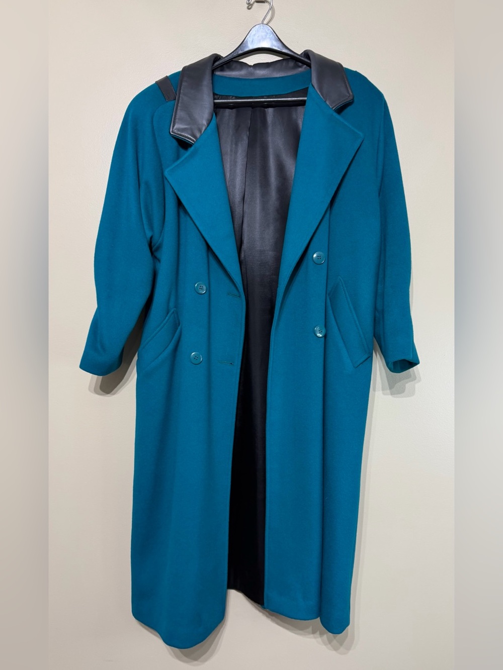 Vintage 1980’s Braemar Petites 100% Virgin Wool Teal Faux Leather Power Trench - Picture 3 of 9